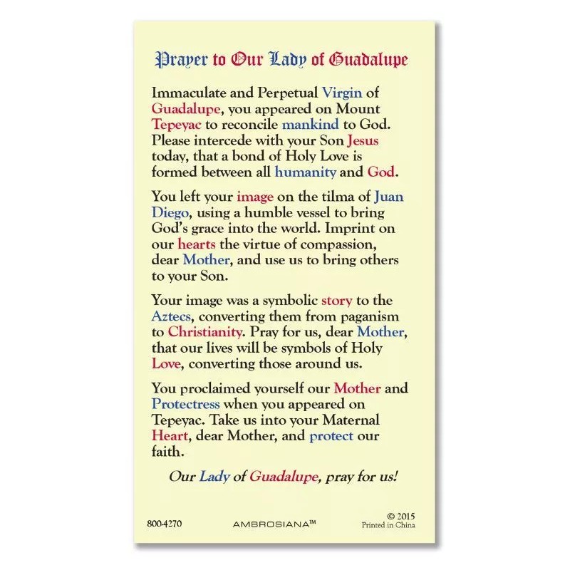 Our Lady of Guadalupe - Laminated Holy Card