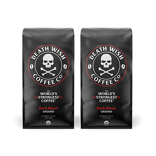 Death Wish Coffee Dark Roast Grounds -16 Oz, The World's Strongest Coffee - 2 Packs of Bold & Intense Blend of Arabica & Robusta Beans - USDA Organic Ground Coffee - Double Caffeine for Daily Lift