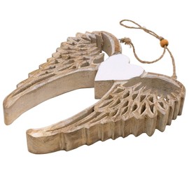 6.5" Wooden Angel Wings Ornament on Twine | White Heart or Star Center | Beautiful Decoration for Home | Window, Wall, or Christmas Tree | Made in India (Heart)