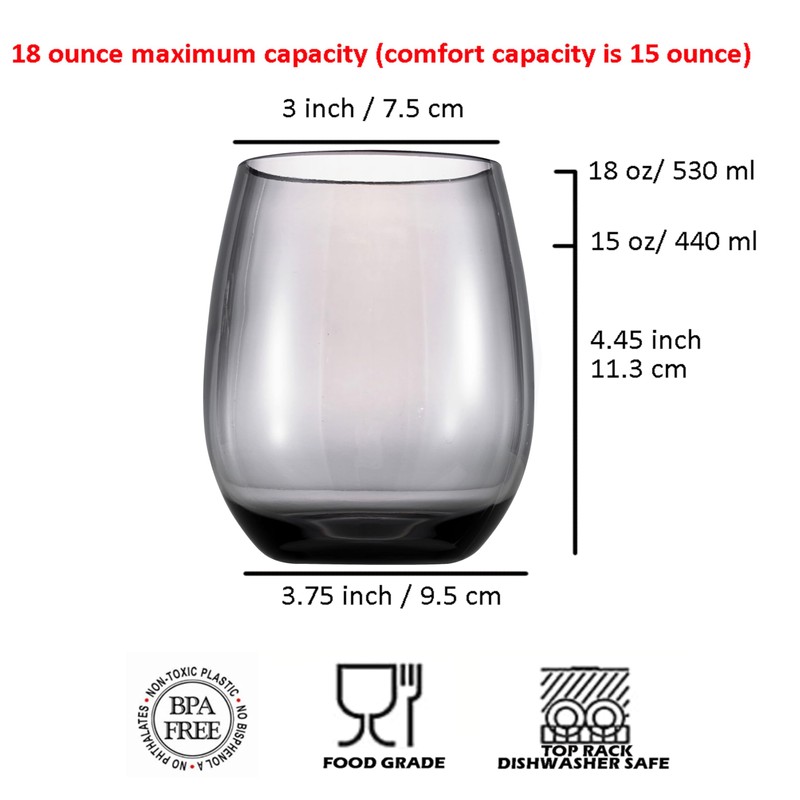 KX-WARE Unbreakable 18-ounce Acrylic Stemless Wine Glasses All Purpose Plastic