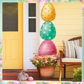 Yerliker 35 H Easter Egg Porch Decor Sign Easter Outdoor Decor Wooden Colorful Egg Standing Vertical Porch Sign for Front Door Indoor Outdoor Yard Garden Decor