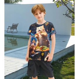 SunFocus Kids Cat T Shirt 3D Graphic Cat Clothes Size 8-9 Fun Novelty Food Tees Cute Girls Pizza Cat T Shirts
