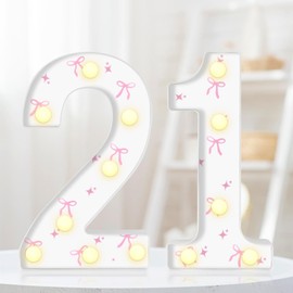 8.7In 21st Birthday Decorations Gifts for Her, Light Up Numbers Decorative Sign for 21st Birthday Wedding Work Anniversary Backdrop Table Wall Decor（Pink Bow）