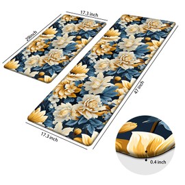 Blue Yellow Kitchen Mats for Floor 2 Piece, Spring Floral Anti Fatigue Mats for Kitchen Floor, Flower Kitchen Mats Cushioned Anti Fatigue, Kitchen Rugs Non Slip, 17"x47"+17"x29"