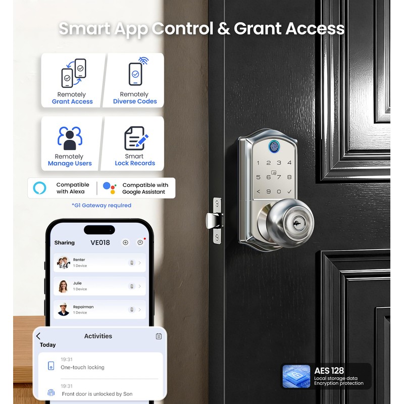 Veise VE018 Smart Knob Handle Lock - Fingerprint, App Control,