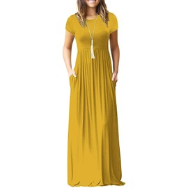 DEARCASE Maxi Dress for Women Yellow Medium Crewneck Short Sleeves Wedding Guest A-line Casual Loose Party Vintage Spring Summer Beach Long Dresses with Pockets