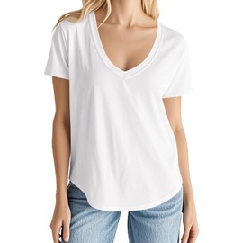 Smile Fish Women Short Sleeve V Neck T-Shirts Loose Fit Tops Summer Casual Top Tees Cotton White,XL