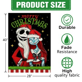 Dyrenson Merry Christmas Jack Skellington 28 x 40 House Flag Double Sided, Xmas Sally Garden Yard Decoration, Funny Winter Holiday Burlap Outdoor Decor Decorative Large Flag