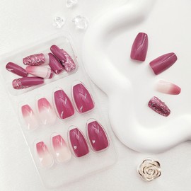Press on Nails Short Coffin Fake Nails Gradient False Nails with Silver Glitter Designs Purple and Off White Full Cover Acrylic Nails Glossy Stick on Nails for Women & Girls 24 Pcs