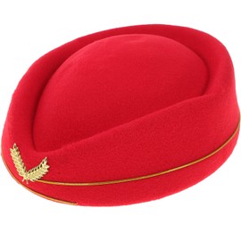 Women Air Stewardess Hat Woolen Flight Attendant Hat Stewardess Cap for Costume Cosplay Musical Performance - Size M(Red)