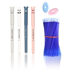 LOREC Pack of 4 Blue Cartoon Erasable Ballpoint Pens with 50 Pieces 0.35 mm Refills and 2 x Erasers, Erasable Gel Pen Panda Gel Pen Erasable for Adults, Children, Students