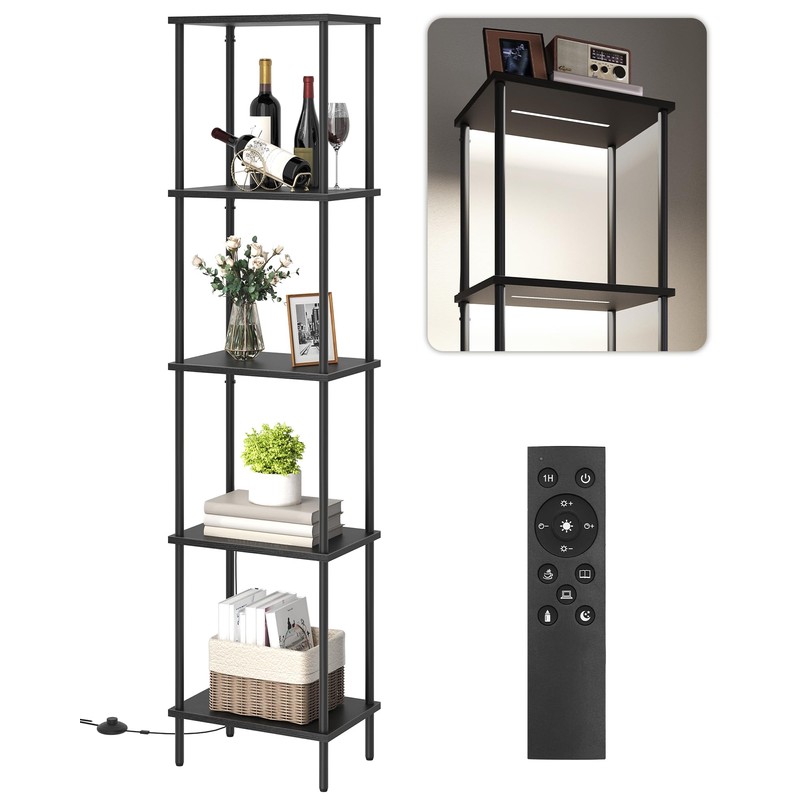 Display Shelf with Light, 5-Tier Shelf Lamp, Corner Floor Lamp