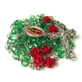 Our Lady of Guadalupe Emerald Green Crystal Cut Acrylic and Red Rose Rosary Beads Catholic for Women