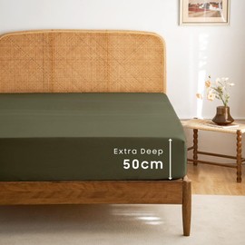 Wake In Cloud - Extra Deep Super King Fitted Sheet 1 Piece - 50cm Deep Pocket Bed, 1000TC Ultra Soft Microfiber, Olive Green, Super King Size