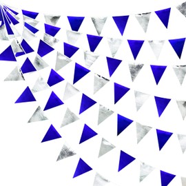 Royal Blue Silver Party Decorations Navy Blue Triangle Pennant Banner Flag Metallic Fabric Bunting Garland for Birthday Graduation Wedding Retirement Nautical Ahoy Achor Pirate Theme Party Supplies