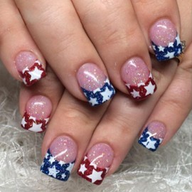 4th of July Press on Nails Independence Day Red Blue French Tip False Nails Short Square False Nails White Stars Designs Bling Acrylic Nails Full Cover Stick on Nails for Women Nail Art 24 Pcs