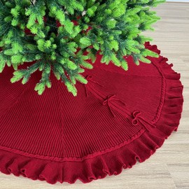 36-Inch Ruffled Sweater Knit Christmas Tree Skirt with Lace Ties, Burgundy