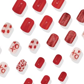 24Pcs Heart Press on Nails Short Square Valentine's Day Fake Nails with Red Glitter Design Acrylic False Nails Glossy Artificial Valentine Nails Glue on Nails Cute Heart Stick on Nails for Women Girls
