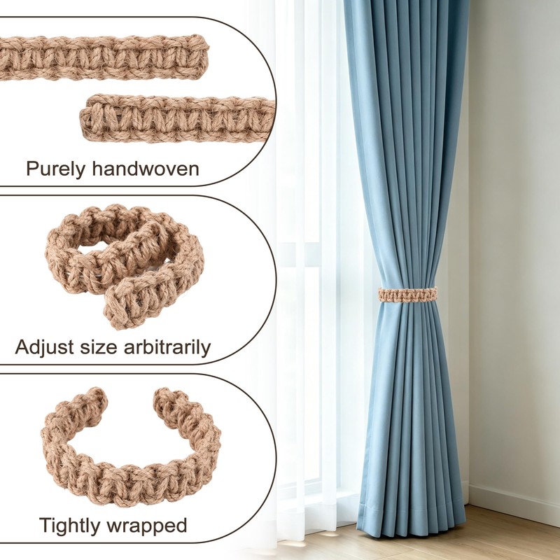 4 Pack Linen Braided Curtain Tiebacks, Boho Rustic Curtain Holdback