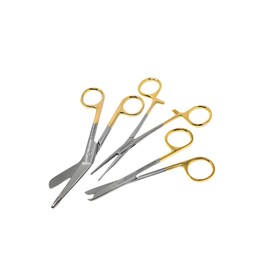 Hemostat and Scissors Set of 3 With Multicolor Patterns - Suture Removal, Lister Bandage, Hemostatic Forceps - Colorful Paws Print (Gold Handle)