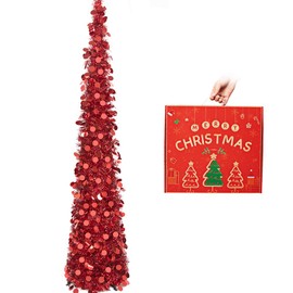 N&T NIETING Christmas Tree, 5ft/1.5m Collapsible Pop Up Red Tinsel Christmas Tree Coastal Christmas Tree for Holiday Xmas Decorations, Home Display, Office Decor