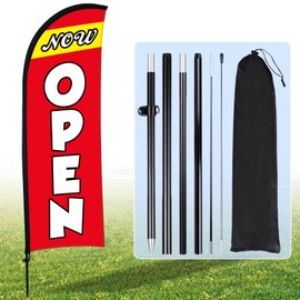 Buryeah Now Open Flag Banner for Business Advertising 7 x 5.4 ft Feather Flag Sign with Flagpole Ground Stake Portable Bag Opening Signs Flag Banner Set for Outside Business (Red)
