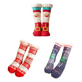 IUSOT 3 Pairs Christmas Slipper Socks - Fuzzy Socks, Cozy Christmas Fluffy Socks with Non-Slip Grippers, Perfect for Winter Soft Warm Bed Socks Great Holiday Gifts for Her Christmas Fluffy Socks