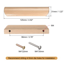 sourcing map Wood Pull Handles, 6pcs 96mm/3.78" Hole Distance Wooden Drawer Unfinished Knobs Pulls for Kitchen Furniture Drawer Wardrobe Cupboard