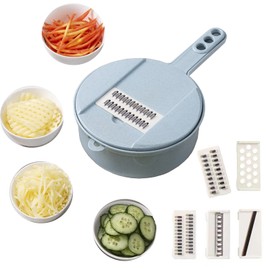 Gemüseschneider Gemüsehobel Zwiebel Zerkleinerer Gurkenhobel Gemüse Schneider Reibe Gemüsereibe mit Behälter, 5 Klingen Einstellbar Blau