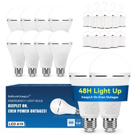 BoRccdit KeepLit 10PK Emergency Rechargeable Light Bulbs, 48H Battery Backup, 3 Brightness Levels, 12W 65W Equivalent A19 LED Bulbs Auto-On During Power Outage for Hurricane, Emergency Use (Daylight)