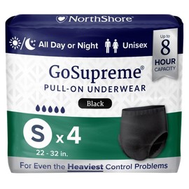 NorthShore GoSupreme Overnight Incontinence Underwear, 8-Hour Pullup Style, Small, 4 Count Starter Pack, Black, 22-32 inches, Unisex Adult Diapers
