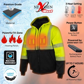 Nexgen Heat NXM1773SET Men's Heated Neon Green High Visibility Work Hoodie - for Outdoor Winter Cold Weather Activities - Large