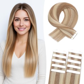 Tape Extensions Real Hair 10 Pieces 50 cm Golden Brown & Blonde Remy Invisible Hair Tape-In Hair Extensions Natural 15 g 20 Inches #12P613 Straight Real Hair Skin Weft Tape