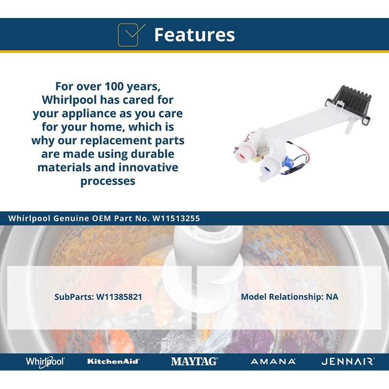 Whirlpool W11513255 Genuine OEM Washer Water Inlet Valve Assembly Replacement