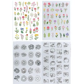 DIFEIUKI Water Soluble Sheet for Embroidery, Set of 4, Draw Sheet Flowers, Daisies, Plants, Leaves, English Letters, Hand Sewing, DIY, Easy to Sew, Towel, Knit, Hand Sewing, Water Soluble Film, Hand
