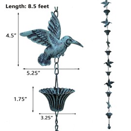 Aifeorzo Rain Chain 8.5FT, Hummingbird and Cup Rain Chains for Gutters, Functional Replacement for Downspout, Metal Rainwater Catcher Chain, Outdoor Garden Decor, Antique Blue