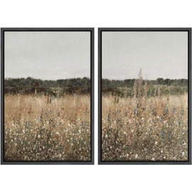 Ashbrook Framed Canvas Print Wall Art Set Wildflower Elegance Soft Toned Floral Field with Rustic Charm Illustrations Modern Art Decorative for Living Room, Bedroom, Office - 16"x24"x2 Black