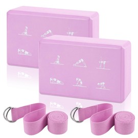 2 Yoga Block and Yoga Strap Set, High Density EVA Foam Blocks, Non-slip Yoga Bricks with 6ft Strap, Supportive Latex-Free Yoga Block Kit to Improve Balance and Flexibility (Pink, 9×6×3")
