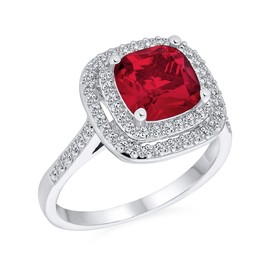 Personalize Large Fashion Solitaire AAA Cubic Zirconia Pave CZ Cushion Cut Simulated Ruby Red Vintage Art Deco Style Cocktail Statement Ring for Women Silver Plated Customizable