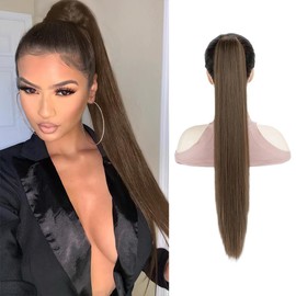 XFSRG 66cm Haarteil Pferdeschwanz Glattes Haar Extensions Echthaar Haarverlängerung Zopf Haarteil Mit Klammer Fake Haare Haarverdichtung Echthaar Clips Für Dates Party(Dunkelbraun)