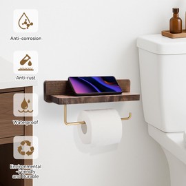 Mayhas Walnut Toilet Paper Holder Wall Mount, 22cm Bar Fits 2 Slim Rolls (Under 11cm Width), with Storage Shelf, Gold Metal Bar, Bathroom Tissue Organizer (Smooth Surface)