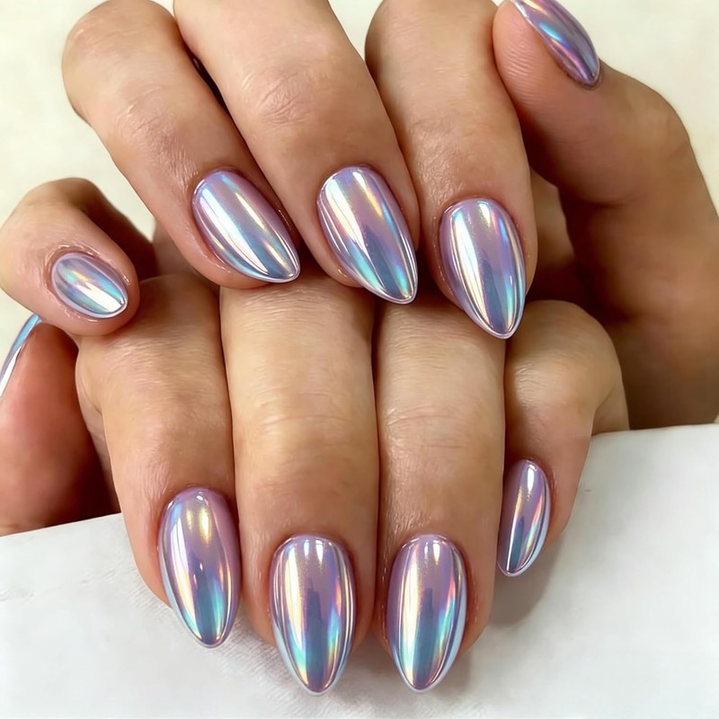 KQueenest Chrome Purple Press On Nails Short Almond Shiny Glitter