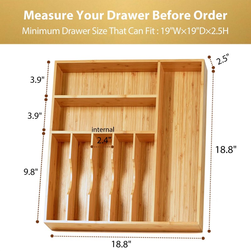 Umilife Large Kitchen Drawer Organizer, 19"x19" Silverware Utensils Organizer, 2.5"
