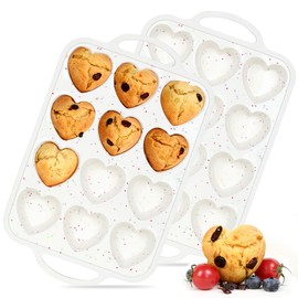CAKETIME Heart Shaped Silicone Muffin Pan, Metal Reinforced Frame 12 Cups Silicone Molds for Valentine's Day Baking Muffins, Cupcakes, Tartlets, Egg Bites, Chocolate Muffin, Soaps 2 Pack