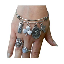 Saint Bridget Bangle Bracelet- Stainless Steel Bangle- Celtic Cross-Shamrock Charm-Irish Bracelet Patron Saint Gift
