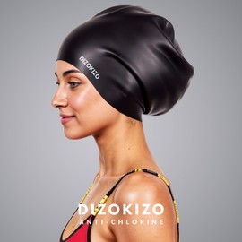 Dizokizo Extra Large Silicone Swim Cap for Long Hair, High Elasticity Waterproof Swimming Cap for Women and Men Adults with Dreadlocks, Weaves, Extensions, Braids & Curls, Keep Hair Dry (Black)