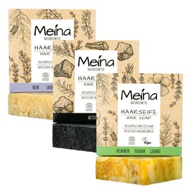 Meina Naturkosmetik - Organic Soap Set for Oily Hair, Hair Soaps Against Dandruff with Activated Carbon, Tea Tree and Sage, Organic Certified, Vegan, Sustainable, Handmade, 3 x 80 g