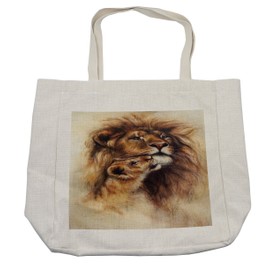 Lunarable Savannah Shopping Bag, Sketchy Painting of Loving Lion and Her Cub Snuggle Wildlife Nature Theme, Eco-Friendly Reusable Bag for Groceries Beach and More, 15.5" X 14.5", Cream