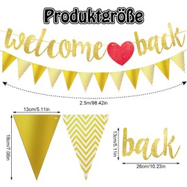 Firtink Welcome Back Girlande Gold Dreieck Flagge, Willkommen Zurück Banner Schulbanner Schule Saison Banner für Schuldekoration, Klassenzimmer Dekoration, Familie Aktivitäten Deko