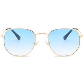 RUNHUIS Retro Polygon Sunglasses for Men and Women, Fashionable Square Glasses, Ultralight Metal Frame, Gold/Blue